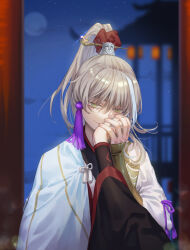Rule 34 | 2boys, archer (fate/samurai remnant), architecture, arm guards, black hanfu, chinese clothes, chinese hairpin, command spell, east asian architecture, fate/samurai remnant, fate (series), grey hair, hair ornament, hand on another&#039;s face, hanfu, high ponytail, keclpshvli, kiss, kissing hand, lantern, moon, multicolored hair, multiple boys, night, night sky, paper lantern, robe, sky, solo focus, star (sky), starry sky, streaked hair, tassel, tassel hair ornament, white hair, white hanfu, white robe, xiao guan (headdress), yellow eyes, zheng chenggong (fate), zhou yu