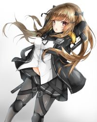 Rule 34 | 1girl, arane (lolitwin), armband, arms behind head, black jacket, black pantyhose, black ribbon, black scarf, black skirt, blush, bow, brown hair, floating hair, girls&#039; frontline, gun, hair bow, hair ribbon, highres, jacket, knee pads, long hair, long sleeves, looking at viewer, open clothes, open mouth, pantyhose, red eyes, ribbon, scarf, shirt, skirt, solo, teeth, thigh strap, twintails, ump9 (girls&#039; frontline), weapon, white background, white shirt, wind, wind lift