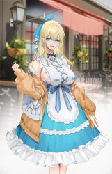 Rule 34 | 1girl, :d, absurdres, apron, bag, bare shoulders, black ribbon, blonde hair, blue eyes, blue ribbon, blue skirt, breasts, building, cleavage, cross-laced clothes, day, earrings, feet out of frame, frilled apron, frilled shirt, frilled skirt, frills, genera-x, hair ribbon, handbag, highres, jacket, jewelry, large breasts, long hair, long sleeves, looking at viewer, medium skirt, neck ribbon, open clothes, open jacket, open mouth, orange jacket, original, outdoors, plant, potted plant, ribbon, shirt, skirt, smile, solo, standing, waist apron, white apron, white shirt