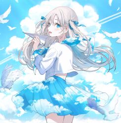 Rule 34 | 1girl, :d, blue eyes, blue neckerchief, blue ribbon, blue sailor collar, blue skirt, blue sky, blush, cloud, contrail, cowboy shot, cumulonimbus cloud, day, double exposure, falling feathers, feathers, floating hair, from side, grey hair, hair ribbon, highres, holding paper airplane, legs together, long hair, long sleeves, looking at viewer, midriff peek, miniskirt, neckerchief, open mouth, original, outdoors, pleated skirt, rangu, ribbon, sailor collar, school uniform, serafuku, shirt, sidelocks, sideways glance, skirt, sky, smile, solo, thighs, two side up, white shirt, wind, wind lift