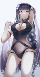 Rule 34 | 1girl, absurdres, arm strap, armpits, arms up, black one-piece swimsuit, blunt bangs, braid, breasts, cleavage, closed mouth, covered navel, flower, genshin impact, hair flower, hair ornament, highres, large breasts, long hair, looking at viewer, low-braided long hair, low-tied long hair, lucy (rusi-juren328), one-piece swimsuit, purple eyes, purple hair, raiden shogun, sarong, see-through, simple background, solo, swimsuit