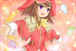 Rule 34 | bad id, bad pixiv id, brown hair, candy (rune factory), cape, dress, hat, highres, musical note, okitsune (okitsune-sama), purple eyes, rune factory, rune factory frontier, smile, solo