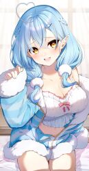 Rule 34 | 1girl, :d, absurdres, ahoge, blue hair, blush, braid, breasts, character hair ornament, cleavage, cowboy shot, crop top, crossed bangs, daifuku (yukihana lamy), darjeeling (reley), elf, fur-trimmed sleeves, fur trim, hair between eyes, hair ornament, hair over shoulder, heart, heart ahoge, highres, hololive, indoors, jacket, large breasts, long hair, midriff, on bed, open clothes, open jacket, open mouth, pointy ears, short shorts, shorts, sleeves past wrists, smile, solo, standing, striped clothes, striped jacket, virtual youtuber, yellow eyes, yukihana lamy, yukihana lamy (loungewear)