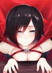 Rule 34 | 1girl, artist name, black hair, blush, breasts, cape, cleavage, looking at viewer, multicolored hair, red cape, red hair, ruby rose, rwby, short hair, grey eyes, solo, unimpressed, zeri (zeristudio)
