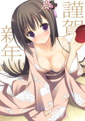 Rule 34 | 1girl, black hair, breasts, rabbit, character request, cleavage, downblouse, furisode, hair ornament, japanese clothes, kimono, large breasts, long hair, nengajou, new year, purple eyes, saeki nao, solo, source request, translation request
