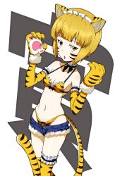 Rule 34 | 1girl, absurdres, alternate costume, animal ears, animal hands, animal print, bikini, bikini under clothes, black choker, blonde hair, blunt bangs, blush, bob cut, bow, bow bikini, breasts, chinese zodiac, choker, commentary, cutlass (girls und panzer), cutoffs, denim, denim shorts, elbow gloves, facial mark, fake animal ears, fake tail, frilled bikini, frilled choker, frills, girls und panzer, gloves, half-closed eyes, halterneck, highres, kanji, kayabakoro, light frown, looking at viewer, maid headdress, micro shorts, navel, new year, open fly, open mouth, orange bikini, orange gloves, orange thighhighs, paw gloves, print bikini, print gloves, print thighhighs, ribbon choker, short hair, shorts, simple background, small breasts, solo, standing, swimsuit, tail, thighhighs, tiger print, tiger tail, translated, w arms, white background, year of the tiger, yellow eyes