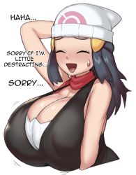 Rule 34 | 1girl, alternate breast size, bare shoulders, beanie, blue hair, blush, breasts, cleavage, closed eyes, covered erect nipples, creatures (company), dawn (pokemon), english text, female focus, game freak, greyimpaction, hat, highres, huge breasts, motion lines, nintendo, open mouth, pokemon, pokemon dppt, scarf, simple background, sleeveless, solo, sweatdrop, upper body, white background