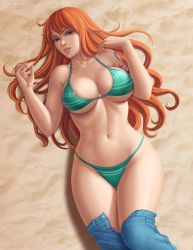 Rule 34 | 1girl, bikini, blue pants, breasts, cleavage, denim, female focus, flowerxl, green bikini, jeans, large breasts, nami (one piece), one piece, pants, solo, swimsuit, tagme, tattoo, thick thighs, thighs, toei animation, underboob
