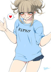 Rule 34 | 1girl, artist name, blonde hair, blue shirt, blunt bangs, blush, boku no hero academia, breasts, clothes writing, collarbone, commentary request, contrapposto, cowboy shot, double bun, grey background, hair bun, half-closed eyes, heart, looking at viewer, medium breasts, miniskirt, pero (pero56870578), pleated skirt, shirt, short sleeves, simple background, skirt, smile, solo, spoken heart, toga himiko, translated, yellow eyes