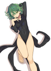 Rule 34 | 1girl, absurdres, barefoot, black dress, breasts, commentary request, covered navel, curly hair, dress, foot out of frame, green eyes, green hair, highres, long sleeves, looking at viewer, one-punch man, rokoido12, short hair, simple background, small breasts, solo, tatsumaki, white background
