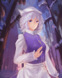 Rule 34 | 1girl, apron, blouse, blue eyes, faux traditional media, forest, hand up, hat, high collar, highres, juliet sleeves, letty whiterock, light purple hair, light smile, long sleeves, looking at viewer, nature, pin, puffy sleeves, shirt, short hair, snow, solanum, solo, tears, touhou, waist apron