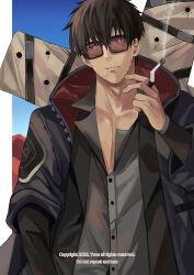 Rule 34 | 1boy, black eyes, black hair, black jacket, cigarette, closed mouth, collarbone, collared shirt, cowboy shot, cross, facial hair, glasses, grey shirt, hand up, highres, holding, holding cigarette, jacket, long sleeves, looking away, male focus, mouth hold, nicholas d. wolfwood, partially unbuttoned, shirt, short hair, smoke, solo, standing, stubble, trigun, trigun stampede, tte (t ombi)