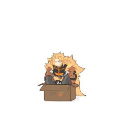Rule 34 | 1boy, beard, blonde hair, blue eyes, box, cardboard box, chibi, coat, facial hair, frown, full body, gloves, guilty gear, hannim 7h, highres, in box, in container, knees up, leo whitefang, long hair, looking at viewer, male focus, no mouth, no nose, orange print, pants, sitting, solo, translation request, very long hair, white background