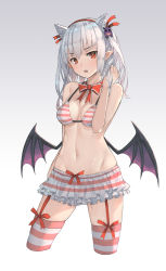 Rule 34 | 1girl, :o, absurdres, animal ear fluff, animal ears, bare arms, bare shoulders, bikini, bikini skirt, breasts, cat ears, cleavage, commentary request, cropped legs, demon wings, do2mi doreimi, fang, garter straps, gradient background, groin, hair ornament, hand up, highres, indie virtual youtuber, kemonomimi mode, long hair, looking at viewer, medium breasts, navel, neck ribbon, open mouth, original, pointy ears, red eyes, red ribbon, ribbon, sidelocks, silver hair, skindentation, solo, stomach, striped bikini, striped clothes, striped thighhighs, swimsuit, thighhighs, thighs, twintails, virtual youtuber, white bikini, wings, zettai ryouiki