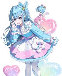 Rule 34 | 1girl, balloon, blue dress, chibi, detached wings, dress, feathered wings, heart balloon, hololive, hoshimachi suisei, kitada mo, light blush, long sleeves, looking at another, looking at viewer, low wings, open mouth, paid reward available, sleeves past wrists, smile, sparkling eyes, super idol comet-chan, thighhighs, virtual youtuber, white background, white thighhighs, white wings, wings