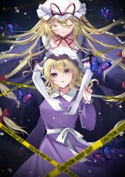 2girls :o arm_behind_back blonde_hair bow breasts bug butterfly caution_tape closed_eyes dress elbow_gloves expressionless facing_viewer gloves gradient_eyes hair_between_eyes hair_bow hand_up hat hat_ribbon highres hug hug_from_behind insect kaede_(mmkeyy) keep_out long_hair looking_at_viewer maribel_hearn medium_breasts medium_hair multicolored_eyes multiple_girls orange_eyes parted_lips purple_dress purple_eyes red_bow red_ribbon ribbon smile touhou very_long_hair white_gloves white_ribbon yakumo_yukari yellow_eyes