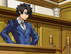 Rule 34 | 1boy, ace attorney, black hair, blue eyes, blue suit, cosplay, courtroom, fate/grand order, fate (series), formal, fujimaru ritsuka (male), hair intakes, hands on own hips, male focus, nekoyashiki pushio, parody, phoenix wright, phoenix wright (cosplay), pixel art, smile, solo, suit