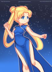 Rule 34 | 1girl, bishoujo senshi sailor moon, blonde hair, blue eyes, breasts, china dress, chinese clothes, double bun, drantyno, dress, female focus, hair bun, highres, light smile, looking at viewer, night, short sleeves, side slit, sky, small breasts, smile, solo, standing, star (sky), starry sky, tsukino usagi, twintails, upper body