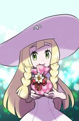 Rule 34 | 1girl, blonde hair, braid, closed mouth, commentary request, creatures (company), dress, game freak, gift bag, green eyes, hat, lillie (pokemon), long hair, nintendo, pokemon, pokemon sm, sleeveless, sleeveless dress, smile, solo, sun hat, twin braids, ukata, upper body, white dress, white hat