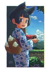 Rule 34 | 1girl, :d, animal ears, black hair, blue sky, blunt bangs, blush, brown eyes, cloud, commentary, day, fence, floral print, food, fox ears, fox girl, fox tail, from behind, fruit, holding, holding tray, japanese clothes, kimono, kitsune, kukuri (mawaru), looking at viewer, looking back, mawaru (mawaru), mountain, open mouth, original, print kimono, revision, short hair, sky, smile, solo, standing, tail, tray, watermelon, watermelon slice, white kimono
