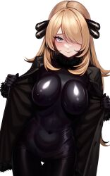 Rule 34 | 1girl, black bodysuit, black coat, black gloves, blonde hair, bodysuit, breasts, closed mouth, coat, covered erect nipples, covered navel, cowboy shot, creatures (company), cynthia (pokemon), exhibitionism, eyelashes, fur collar, fur trim, furrowed brow, game freak, gloves, grey eyes, hair ornament, hair over one eye, highres, impossible bodysuit, impossible clothes, large breasts, latex, latex bodysuit, light smile, long hair, looking at viewer, nintendo, open clothes, open coat, parted bangs, pokemon, pokemon dppt, public indecency, shiny clothes, simple background, skin tight, solo, thigh gap, very long hair, volyz, white background