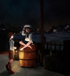 Rule 34 | 2boys, arm up, bad id, bad pixiv id, barefoot, barrel, black hair, black neckerchief, blush, boots, brown footwear, brown hair, crossed legs, hat, highres, holding, holding lantern, ika ko, lantern, looking at another, male focus, multiple boys, neckerchief, open mouth, original, salute, short hair, sitting, smile, white hat