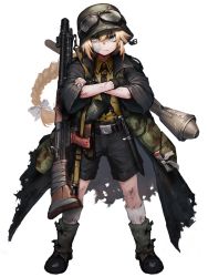 Rule 34 | 1girl, automatic rifle, bandaid, bandaid on face, battle rifle, belt buckle, black coat, black gloves, black shorts, blonde hair, bow, braid, buckle, chain paradox, closed mouth, coat, combat helmet, crossed arms, dirty, dirty clothes, fg 42, fingerless gloves, full body, gloves, goggles, goggles on head, green eyes, gun, hair bow, helmet, hetza (hellshock), high-explosive anti-tank (warhead), knife, long hair, looking at viewer, man-portable anti-tank systems, panzerfaust, recoilless gun, rifle, sheath, sheathed, shirt, shorts, single braid, solo, stahlhelm, standing, stick grenade, torn clothes, transparent background, weapon, yellow shirt