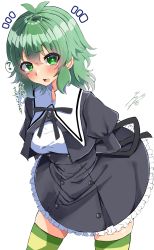 Rule 34 | 1girl, ?, absurdres, antenna hair, arms behind back, artist name, assault lily, black ribbon, black skirt, blush, breasts, buttons, commentary, cowboy shot, cropped jacket, fang, green eyes, green hair, green thighhighs, hair between eyes, hair down, high-waist skirt, highres, juliet sleeves, leaning forward, long sleeves, medium breasts, medium hair, miniskirt, multicolored thighhighs, neck ribbon, notice lines, open mouth, puffy sleeves, ribbon, school uniform, shirt, signature, simple background, skirt, solo, speech bubble, spoken question mark, standing, striped clothes, striped thighhighs, teeth, thighhighs, translated, upper teeth only, white background, white shirt, ya-man, yellow thighhighs, yoshimura thi mai, yurigaoka girls academy school uniform, zettai ryouiki