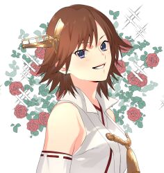 Rule 34 | 1girl, bare shoulders, blue eyes, breasts, brown hair, detached sleeves, flower, grin, headgear, hiei (kancolle), highres, japanese clothes, kantai collection, leaf, looking at viewer, nontraditional miko, red flower, red rose, ribbon-trimmed sleeves, ribbon trim, rose, shishanmo, short hair, simple background, small breasts, smile, solo, sparkle, tassel, upper body, white background