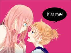 Rule 34 | !, !!, 1boy, 1girl, age difference, aqua eyes, bad id, bad pixiv id, blonde hair, blue eyes, couple, english text, eye contact, grabbing another&#039;s hair, hair between eyes, hetero, kagamine len, lips, long hair, looking at another, looking at viewer, megurine luka, nail polish, open mouth, pink background, pink hair, pulling, round teeth, school uniform, serafuku, short hair, short ponytail, simple background, speech bubble, surprised, talking, teeth, tehua, text focus, upper body, vocaloid, yellow nails, yua (tick-tack)