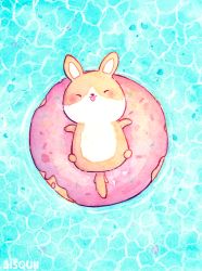 Rule 34 | animal, artist name, bisquii, dog, doughnut, closed eyes, floating, food, full body, lying, no humans, ocean, on back, original, painting (medium), solo, sprinkles, tongue, tongue out, traditional media, water, watercolor (medium), welsh corgi