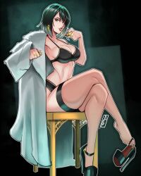 1girl 2023 arms_up artist_logo bizarrelellow black_background black_bra bra breasts cleavage coat collarbone crossed_legs curvy earrings eyeshadow female_focus fubuki_(one-punch_man) full_body fur-trimmed_coat fur_trim gold green_eyes green_hair grin highres jewelry lapels large_breasts lingerie lipstick logo looking_at_viewer makeup navel notched_lapels one-punch_man pink_eyeshadow pinup_(style) platform_footwear platform_heels red_lips ring seductive_smile see-through_clothes see-through_legwear shoe_dangle short_hair sideways_glance simple_background sitting smile solo straight_hair thick_thighs thighs underwear white_coat