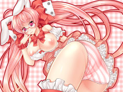 Rule 34 | 1girl, ahoge, animal ears, ass, breasts, di gi charat, dice, frills, glasses, kaon (chocolate jouet), large breasts, long hair, looking at viewer, nipples, panties, pink eyes, pink hair, pink theme, puffy short sleeves, puffy sleeves, rabbit ears, short sleeves, smile, solo, striped clothes, striped panties, tears, twintails, underwear, upskirt, usada hikaru, very long hair
