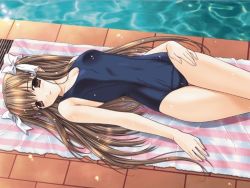 Rule 34 | 1girl, bow, breasts, brown eyes, brown hair, cleavage, covered navel, hair bow, kimizuka aoi, long hair, lost passage, lying, on back, one-piece swimsuit, parted lips, pool, poolside, school swimsuit, solo, striped, swimsuit, towel, very long hair, water, yamabuki sayuki