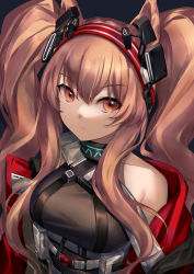 Rule 34 | 1girl, angelina (arknights), angelina (distinguished visitor) (arknights), animal ears, arknights, bare shoulders, belt, black background, breasts, brown eyes, brown hair, commentary, fox ears, hair between eyes, hairband, highres, long hair, looking at viewer, medium breasts, official alternate costume, red hairband, simple background, solo, twintails, upper body, wakamepiza, white belt