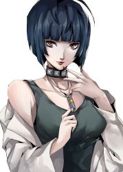 Rule 34 | 1girl, arms up, blue eyes, blue shirt, breasts, closed mouth, collar, collarbone, doctor, finger to own chin, fingernails, green shirt, hand on own chest, highres, jacket, jewelry, large breasts, lips, looking at viewer, nail polish, necklace, nurse, persona, persona 5, pertex 777, red nails, shirt, short hair, simple background, sleeveless, sleeveless shirt, solo, spiked collar, spikes, takemi tae, white background, white jacket