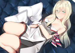 Rule 34 | 1girl, arm under breasts, bad id, bad pixiv id, belt, blonde hair, blue eyes, blush, breasts, dress, gloves, hair between eyes, kantai collection, long hair, looking at viewer, lying, mole, mole under eye, mole under mouth, multicolored clothes, multicolored dress, multicolored gloves, multicolored legwear, multicolored scarf, on back, pallad, richelieu (kancolle), scarf, smile, solo, strapless, strapless dress, yellow eyes