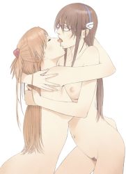 Rule 34 | 2girls, arm around back, arm around neck, armpits, bad id, bad pixiv id, blush, breasts, brown hair, closed eyes, completely nude, cowboy shot, female pubic hair, from side, glasses, hair between eyes, hair ornament, hairband, half-closed eyes, hand on another&#039;s back, hand on another&#039;s shoulder, hand up, hug, large breasts, licking, long hair, looking at another, low twintails, makinami mari illustrious, multiple girls, navel, neon genesis evangelion, nipples, nude, open mouth, orange hair, parted lips, pink-framed eyewear, pubic hair, rebuild of evangelion, red hair, sideboob, sidelocks, simple background, souryuu asuka langley, tongue, tongue out, twintails, two side up, watanabe yasuaki, white background, yuri