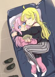 Rule 34 | 2girls, ?, ahoge, black shirt, blonde hair, blue eyes, bocchi the rock!, choker, couch, gotoh hitori, hair ornament, highres, holding, holding money, hug, icarus (2010741), ijichi seika, jacket, long sleeves, money, multiple girls, on couch, open mouth, pants, pillow, pink hair, shirt, shoes, sleeping, socks, striped clothes, striped pants, track jacket, track pants, track suit, unworn shoes, vertical stripes, white socks, yuri, zzz