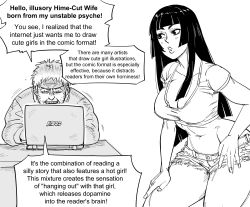 Rule 34 | 1boy, 1girl, artist self-insert, bb (baalbuddy), black hair, breasts, cleavage, computer, denim, denim shorts, desk, english text, facial hair, greyscale, hand on own hip, hand on own leg, highres, hime cut, hime cut wife (baalbuddy), laptop, large breasts, long hair, midriff, monochrome, navel, original, plunging neckline, shorts, simple background, sitting, speech bubble, stubble, tank top, white background