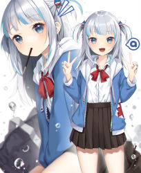 Rule 34 | 1girl, :d, absurdres, amahara pekozaemon, bag, black skirt, blue eyes, blue hair, blue jacket, blue nails, blush, collarbone, collared shirt, commentary request, double v, dress shirt, food, food in mouth, gawr gura, grey hair, highres, hololive, hololive english, hood, hood down, hooded jacket, jacket, long hair, long sleeves, mouth hold, multicolored hair, multiple views, nail polish, notice lines, open clothes, open jacket, open mouth, pleated skirt, pocky, school bag, school uniform, sharp teeth, shirt, skirt, smile, streaked hair, teeth, two side up, v, virtual youtuber, white shirt