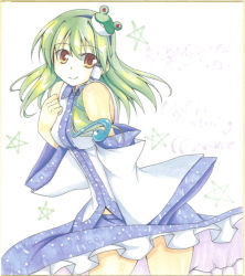 Rule 34 | 1girl, bare shoulders, detached sleeves, female focus, frog, green hair, hair ornament, hand on another&#039;s chest, hand on own chest, kochiya sanae, long hair, makino (ukiuo), shikishi, smile, solo, star (symbol), touhou