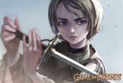 Rule 34 | 1girl, a song of ice and fire, arya stark, blue eyes, brown hair, game of thrones, short hair, sword, tomboy, weapon