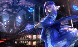 Rule 34 | 1girl, architecture, bridge, bug, butterfly, cherry blossoms, east asian architecture, hand fan, folding fan, frills, hat, highres, bug, light particles, looking at viewer, mob cap, night, petals, pink eyes, pink hair, reflection, ryosios, saigyou ayakashi, saigyouji yuyuko, solo, touhou, tree, triangular headpiece, water