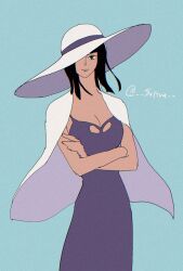Rule 34 | 1girl, abunaideka, black hair, blue background, blue eyes, breasts, cape, cleavage, commentary request, cowboy shot, crossed arms, dress, hat, hat over one eye, highres, large hat, looking at viewer, medium breasts, medium hair, nico robin, one piece, one piece: baron omatsuri and the secret island, purple dress, simple background, solo, twitter username, white cape, white hat