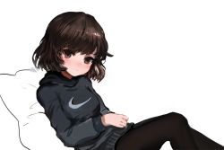 Rule 34 | 1girl, adidas, bad id, bad pixiv id, black pantyhose, black sweater, blush, brown eyes, brown hair, commentary request, dokomon, head tilt, hood, hood down, hooded sweater, korean commentary, long sleeves, original, pantyhose, pillow, profile, short hair, simple background, sketch, solo, sweater, white background