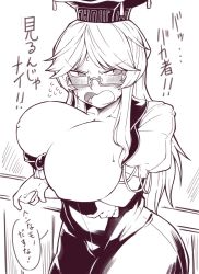 Rule 34 | 1girl, blush, breasts, cleavage, dress, glasses, hat, kamishirasawa keine, large breasts, long hair, monochrome, open mouth, puffy sleeves, short sleeves, toriburi, touhou, translation request