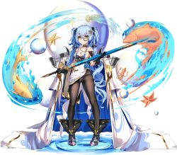 Rule 34 | 1girl, :3, ark order, belt, black footwear, black pantyhose, blue hair, boots, breasts, bubble, cape, choker, dress, fang, finn eces (ark order), fish, fish hair ornament, fish tattoo, gold trim, green eyes, hair ornament, holding, holding sheath, holding sword, holding weapon, jellyfish, long hair, low twintails, monocle, official art, panties, panties under pantyhose, pantyhose, sheath, sheathed, solo, sparkle, starfish, sword, tachi-e, tattoo, transparent background, twintails, two side up, underwear, very long hair, water, wavy hair, weapon, white cape, white dress, white panties, you ni ge shaobing