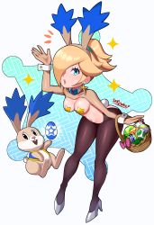 Rule 34 | 1girl, absurdres, animal ears, basket, blonde hair, blue eyes, bow, bowtie, breasts, rabbit, cleavage, colored skin, cuffs, earrings, egg, eyelashes, fake animal ears, fire flower, full body, headband, high heels, highres, jewelry, looking at viewer, mario (series), meme attire, nintendo, one eye covered, playboy bunny, ponytail, rabbit ears, rabbit tail, reverse bunnysuit, reverse outfit, rosalina, sarukaiwolf, signature, standing, star (symbol), star bunny, star earrings, super mario galaxy, tail, thighhighs, white skin, yoshi egg