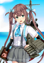 Rule 34 | 1girl, absurdres, adapted turret, arm warmers, asagumo (kancolle), ascot, blue ascot, blue sky, brown hair, cannon, cloud, commentary request, commission, cowboy shot, day, flat chest, grey eyes, grey skirt, hair ribbon, highres, himura moritaka, horizon, kantai collection, long hair, looking at viewer, machinery, ocean, outdoors, pleated skirt, ribbon, shirt, skeb commission, skirt, sky, solo, standing, suspender skirt, suspenders, torpedo launcher, turret, twintails, white shirt